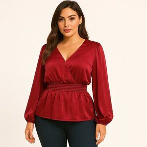 Vince Camuto (NWOT) Red Satin Peplum Blouse Long Sleeve Smocked Waist XS